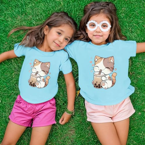 Image of KEEVICI Cute Cat Shirts for Girls Graphic Tees Bubble Tea Tshirt Kids Kawaii Cartoon Animal Print T Shirt Summer Cotton Tops