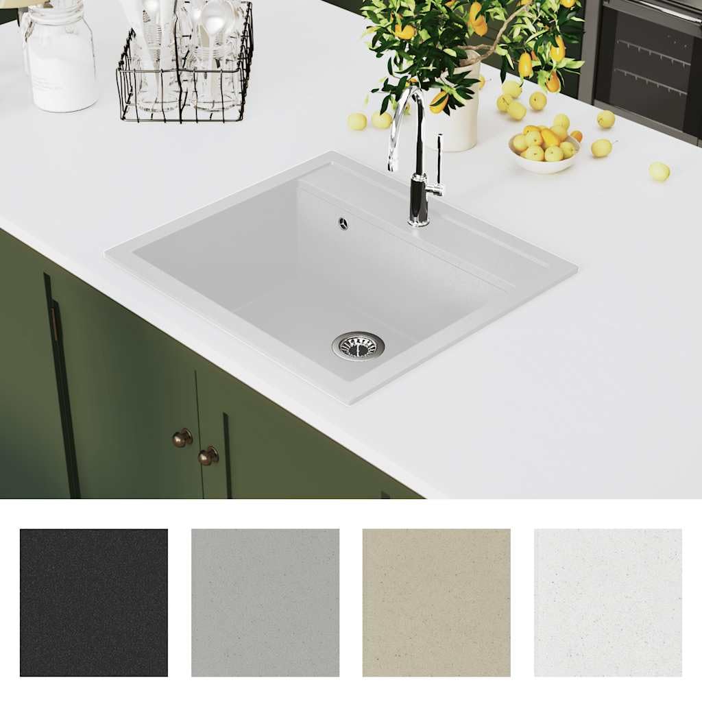 Fregadero de granito blanco 80% cuarzo y 20% resina, 565 x 510 x 306 mm, montaje superior, con cesta colador, resistente al calor hasta 280 °C, resistente a manchas y arañazos