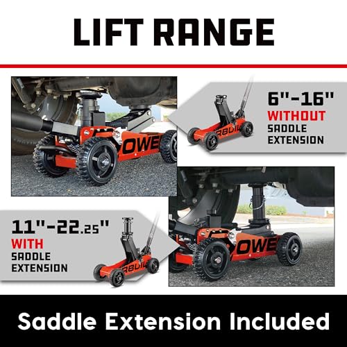 Image of Powerbuilt 1.5 Ton Big Wheel Off Road Jack, Vehicle Lift for Trucks, SUVs, ATVs Offroad Vehicles, Oversized Wheels for Rugged Terrain, 3000 LB Capacity, Orange 620704ECE