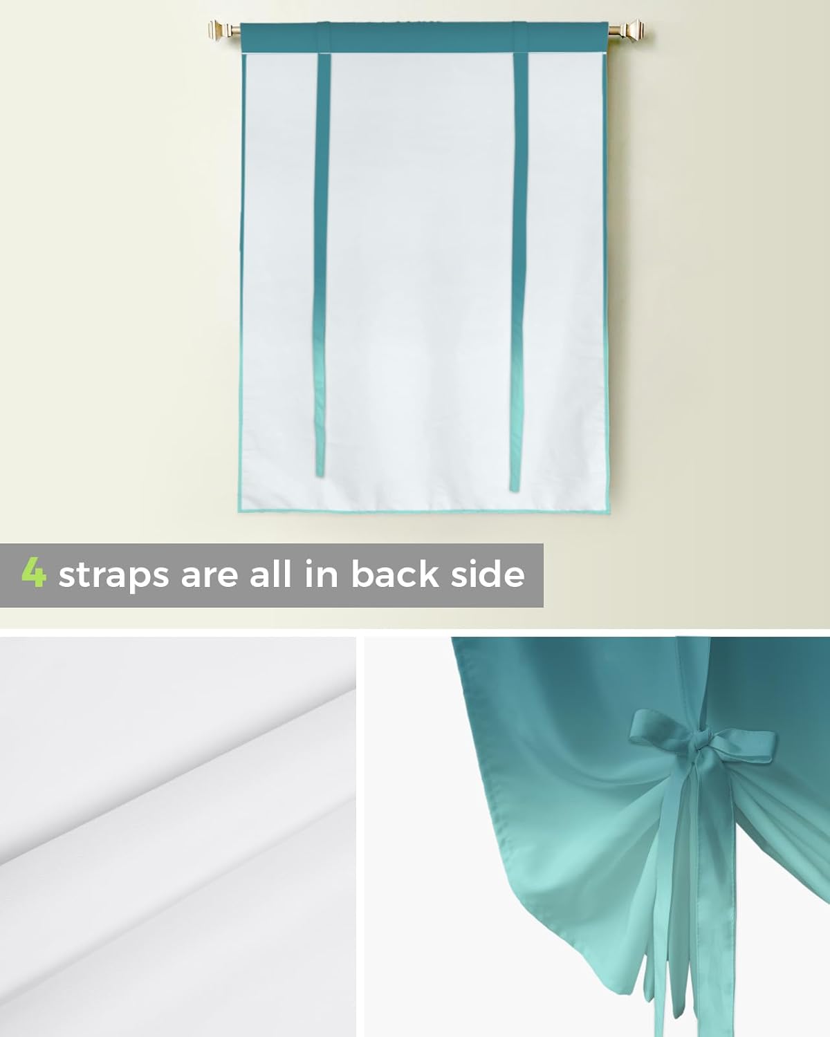 YOKOU Bow Look Tie Up Balloon Curtain, Gradient Teal Ombre Adjustable Rod Pocket Window Shades Drape for Living Room, Bedroom，Kitchen 1 pcs 52 x63 inch