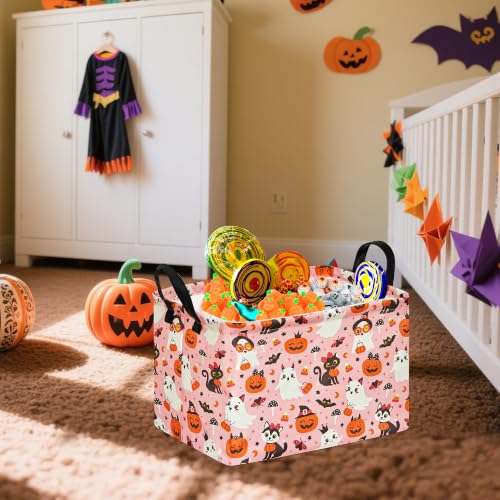 Image of Pink Halloween Storage Basket for Girls, Pumpkin Ghost Bat Spider Design