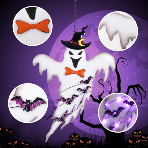 ILLUMINEW Solar Halloween Metal Hanging Decorations Outdoor, Solar Powered Lighted Metal Pumpkin with Glowing Eyes for Halloween Outdoor Tree, Wall, Porch, Patio Decor (Ghost) - Thumbnail 2