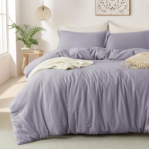 Image of MILDLY Duvet Cover Queen Ultra Soft Comforter Cover Set 3pcs, Purple | Washed Microfiber Cotton-Like, Breathable Comfort, Hidden Zipper, Corner Ties, OEKO-TEX Certified, Fade Resistant