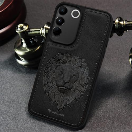 Image of Vaku Luxos Lion Embossed Back Cover Case for Vivo V27 5G Premium Leather Stitched Soft Shockproof Protective TPU Phone Case Camera Screen Protector- Black