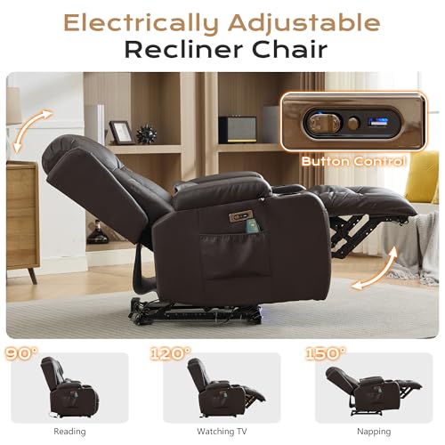 Image of URRED Recliner Chair with Massage and Heat, Power Reclining Sofa Chair Home Theater Seating with LED Ambient Light, USB Ports, Cup Holders, Side Pockets, Faux Leather (Brown, Set of 1)
