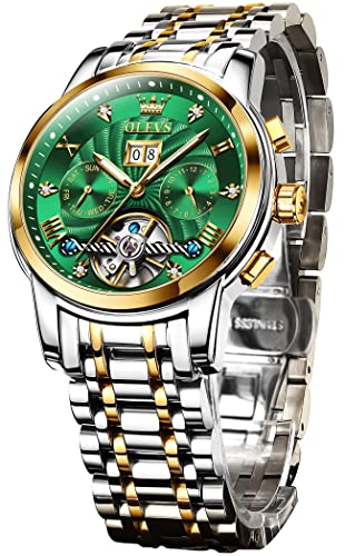 Image of OLEVS Self Winding Watches for Men Automatic Mechanical Skeleton Luxury Dress Waterproof Moon Phase Tourbillon Chronograph Stainless Steel Luminous Wristwatch