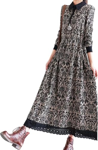 [ ニューネ ] 花柄 アラベスク 柄 ワンピース レトロ ロング丈 裾レース ウエストマーク ポケット付 ポケット ポケット付きスカート きれいめ 可愛い 襟 ゆったり 事務 ポケット付き シンプル 前開き 厚手 おしゃれ ゆるい お洒落 仕事 襟付きシャツ 個性的 部屋着 細身 とろみ スカート 丈長 フレア 黒 黒色 春夏 長め 膝丈 韓国 ロング 花柄ワンピ ブラック 4S-W02-BKMのサムネイル