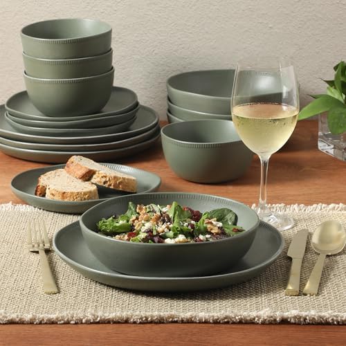 Image of Gibson Elite Menlo Park 16-Piece Pottery Clay Stoneware Dinnerware Set - Green Reactive Glaze, Organic Shape Embossed Plates and Bowls W /Pasta Bowl, Service for 4 - Microwave & Dishwasher Safe