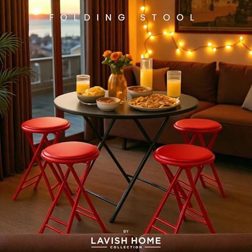 Image of Lavish Home Folding Stool with Padded Backless Seat Set of 4, Red, 24 inch | Counter Height Bar Stools with 225lb Capacity, Portable Indoor & Outdoor, Extra Seat for Kitchen, Rec Room or Camping