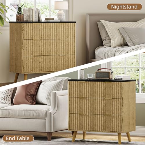 Image of BREEZEHEAT Modern 32 inch Fluted Nightstand Set of 2-Natural Wood Bedside Tables with 3 Drawers and Frosted Desktop, Large Night Stand-End Table for Large Spaces, Bedroom