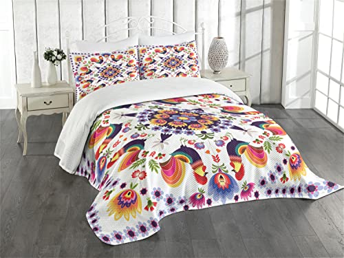 Ambesonne Polish Folk Art Bedspread, Folkloric Ornaments With Flowers And Cockerels On Plain Background, Decorative Quilted 3 Piece Coverlet Set With 2 Pillow Shams, Queen Size, Purple White #TOP20