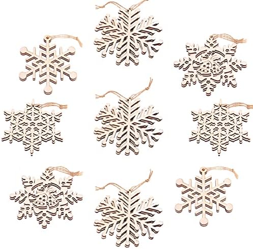 Partybus Christmas Wood Cutouts, Unfinished Snowflake Wooden Ornaments for Holiday Card Decoration, Xmas Gift Tags for Kids Art & Craft DIY, Burlap String Pre-Tied Slices Rustic Coaster Décor