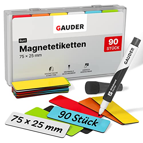 GAUDER Paski magnetyczne do pisania, tabliczki magnetyczne do zapisywania, karty magnetyczne do tablic Kanban, białych tablic i tablic (75 x 25 mm)