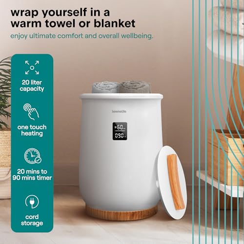 Image of SereneLife Digital Display Bucket Towel Warmers, White Large Towel Warmer for Spa and Bathroom, Luxury Towel Heater Gifts for Him & Her, Auto Shut-Off, Fits 2 large, Blankets, Bathrobes, PJ's