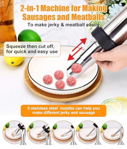 HK Jerky Gun Kits, Jerky Maker Gun, Meatball Maker, 2.5 LB Stainless Steel Sausage Stuffer Jerky Making Gun with 6 Stainless Nozzles, 2 Cleaning Brushes, 1 Stomper