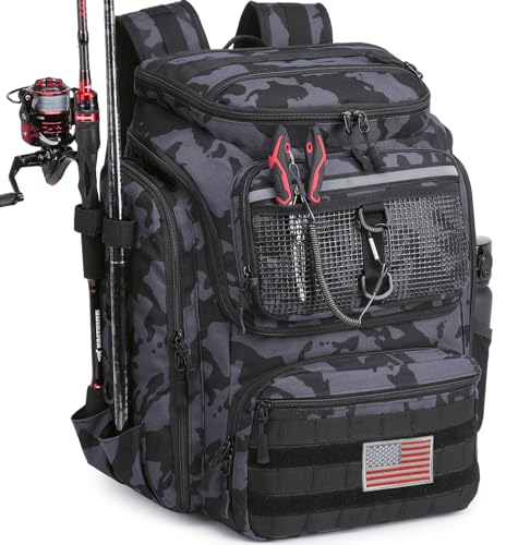 HAMBOLY Mochila de pesca de 45 L com suportes de vara, mochila resistente à água para pescadores, bolsa de equipamento de pesca de grande capacidade para viagens, caminhadas, acampamento