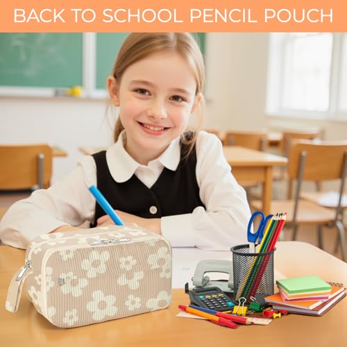 Image of WOBAGMEN Cute Pencil Case,Large Corduroy Zippered Pencil Case Pouch, aesthetic Pencil Bag with Compartments, Pencil Pouch School Supplies (HY-corduroy pc-brown floral)