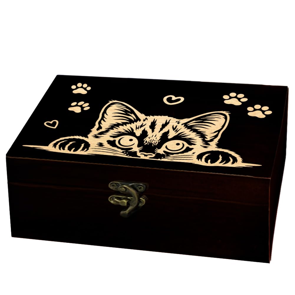 arricraft 1pc Wooden Keepsake Storage Box, Peeking Kitten Pattern Rectangle Pine Tarot Card Memory Box for Anniversary Jewelry Board Storage 24x14x9cm (9.45x5.51x3.54 inches)