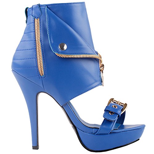 SHOW STORY Moto Blue Open Toe Gold Zip Strappy Stiletto High Heel Dress Sandals Gladiator High Heel Stiletto Platform Ankle Bootie Sandals,LF30103BU39,8US,Blue