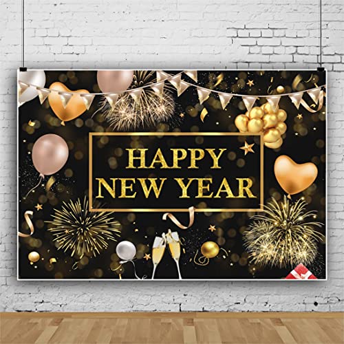 Bovlleetd 150x100cm Bonne année Toile de Fond Noir Or thème Ballons feu d'artifice Floraison Photographie Fond Champagne Paillettes Photographie Toile de Fond décoration du Nouvel an bannière Cover