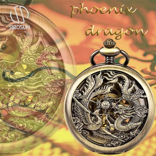 Image of SIBOSUN Mechanical Pocket Watches Mens Lucky Phoenix and Dragon Skeleton Pocket Watch Black Antique Roman Numerals Box