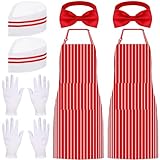 BOARDFEB 10 Pcs 1950s Waiter Costume Kit Circus Soda Jerk Apron Red and White Striped Including Chef Hat Apron Bow Tie gloves for Waitress Cosplay Costume Circus Party(Adult Size)