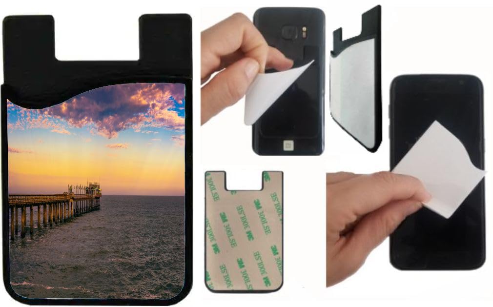 Island Gifting Neoprene Stick-on ID Card Holder for iPhone/Galaxy/Google Android Cases Featuring Image of Sunset Over Old Historic Jetty in Swakopmund Namibia