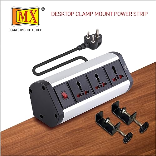 Image of MX Desk Extension Board Switch Socket Fixer 6 Amp 3 Universal Sockets with 2 USB Charging Port Extension Board with Removable Desk Clamp - Power Strip for Desk Master Switch 3 Pin Plug Extension Cord