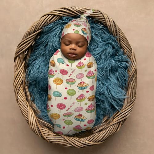 Image of Lollipop and Muffins Newborn Swaddle Blankets Hat Sets Soft Baby Receiving Blanket Swaddle Sack for Baby Shower Infant Boy Girl Gift
