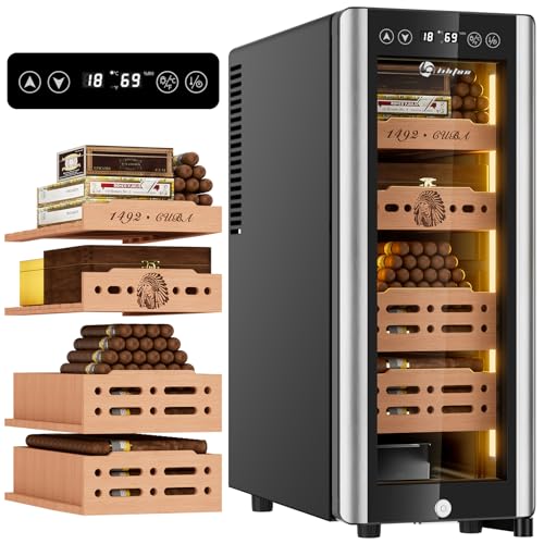 LIHTUN 35L Electric Cigar Humidor Cabinet with Light for 250 Cigars, Thermoelectric Cooling, Adjustable Temp and Humidity, Digital Display, 4 Removable Cedar Shelves, Lock, Wine Storage, Gift for Men