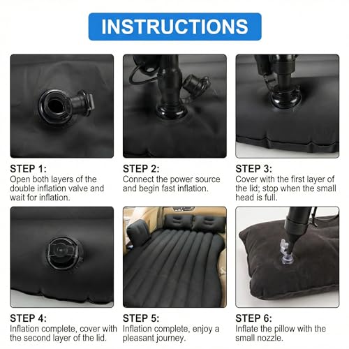 Image of Car Air Mattress - Inflatable Car Bed for Back Seat with Pump & Pillows - Thick Flocked Travel Sleeping Pad for SUV, Sedan, Truck & Minivan - Portable Camping Mattress for Road Trips & Kids (Black)