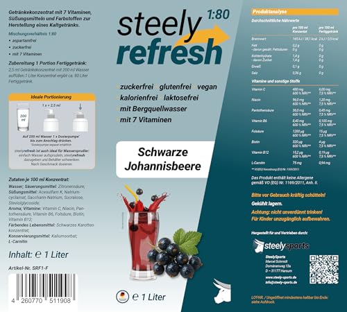 STEELY SPORTS Sirup zuckerfrei mit Vitaminen | SteelyRefresh 1 Liter Flasche - Getränkesirup | für bis zu 80L Fertiggetränk | Sportgetränk (Schwarze Traube)