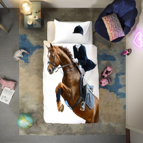 CTQTZ Parure de Lit Enfant 90x190, 100% Coton, Cheval & Chevalier, Housse de Couette Enfant avec 1 Taie d'oreiller 50x75