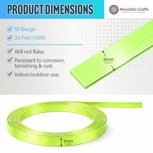Image of Mandala Crafts 5mm Light Green Flat Aluminum Crafting Wire for Sculpting | 33 FT, Anodized, Colored, Tarnish Resistant, Bendable, Flexible, for Jewelry Making, Bezel, Bonsai, Armature, Outdoor