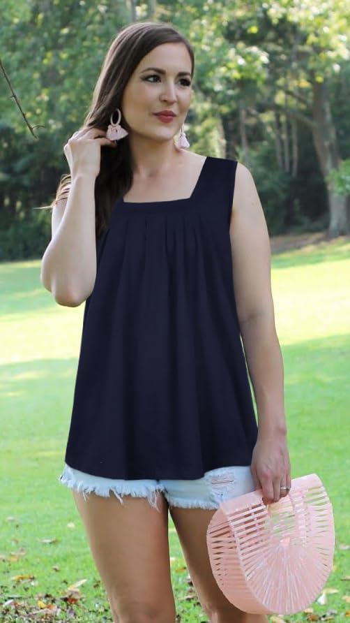 Womens Tank Tops Summer Square Neck Pleated Sleeveless Top Casual Loose Fit Basic Shirts - Image 4