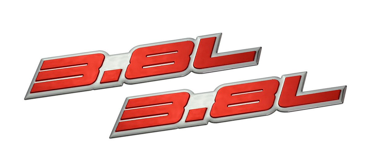 HDC Autosports 2x Universal 3.8L L67 Engine Aluminum Sticker Decal Emblem – Red/Black