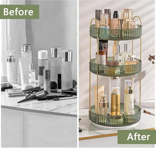 Image of Dravina 360 Rotating Makeup Organizer Rack| 3 Tier Standing Countertop Cosmetic Vanity Tray For Makeup, Skincare|Corner Rack For Bedroom,Bathroom (3 Layer- Green (Rack) + Gold Rods)