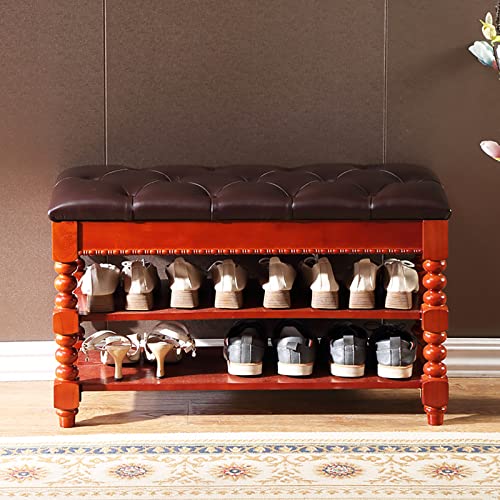 Banco de entrada de madera maciza vintage de alta calidad tapizado de cuero con compartimento oculto, 60 x 35 x 48 cm