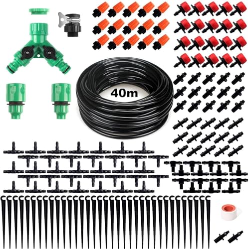 158PCS Drip Irrigation System Kit, 131ft/40M Adjustable Watering System with UV-Resistant Tubing, 75% Water-Saving Spray Nozzles for Garden, Greenhouse, Balcony, Flower Beds & Lawn Cooling