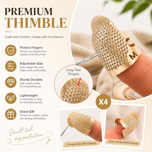 Image of Thimbles for Hand Sewing, Sewing Thimble Kit, Metal Finger Protectors, Thimble Ring for Hand Quilting and Embroidery(Gold,4Pcs,Small /Medium)
