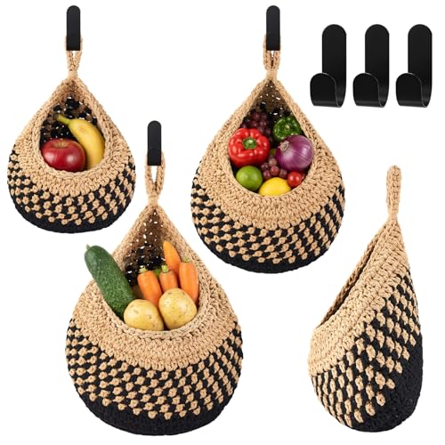 Image of Honeydak 3 Hanging Baskets, Linen with Black, Teardrop, Cotton Rope