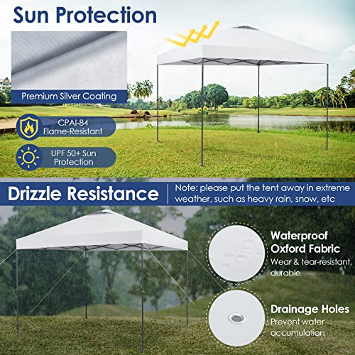 Image of Tangkula 10x10 Ft Pop Up Canopy, Easy Set-up Instant Tent with Center Lock, Carry Bag, Rotatable Feet, 8 Stakes, 4 Ropes, Outdoor Canopy Tent for Beach, Camp, Patio, Market (White)