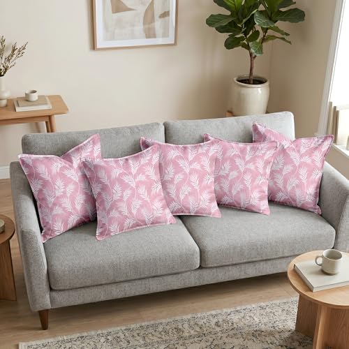 Image of Divine Casa Cushion Covers Set of 5 Light Pink | 16x16 Inch Jacquard Sofa Cushion Covers | Decorative Leaf Pattern Throw Pillow Covers for Kids Room & Living Room