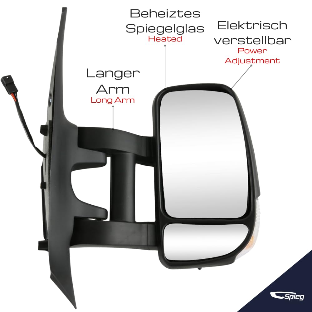 Spieg Außenspiegel Rechts für Renault Master 3 2010-2024 | Opel Movano B 2010-2021 | Nissan NV400 2010-2021 Manuell Einklappbar, Langer Arm, Temperatursensor, Blinklicht, 9 PIN