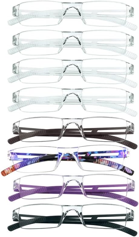 VisionGlobal 8 Pairs Reading Glasses, Blue Light Blocking Glasses, Computer Reading Glasses for Women and Men, Fashion Square Eyewear Frame (4color+4clear,+3.25 Magnification)