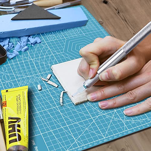 Miuzei Schneidematte Set A3 mit 55stk Bastelmesser und Stahllineal,Selbstheilende Bastelunterlage Schneideunterlage Cutting Mat Basteln Zeichenunterlage Bastelskalpell Bastelmatte (Blau)