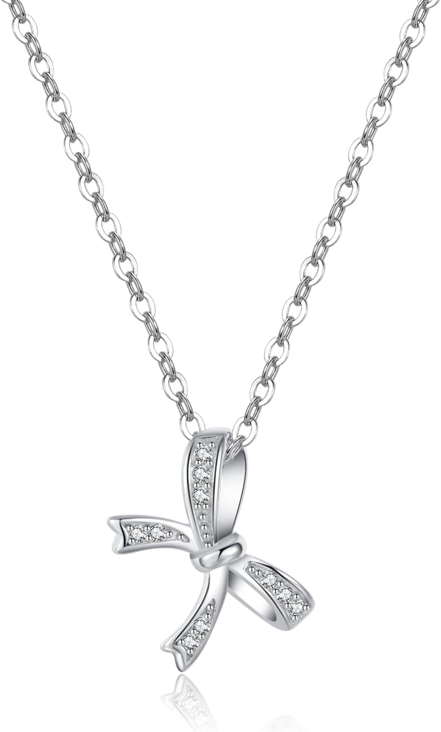 Reffeer Solid 925 Sterling Silver CZ Bow Necklace Chain for Women Teen Girls Crystal Bow Pendant Necklace