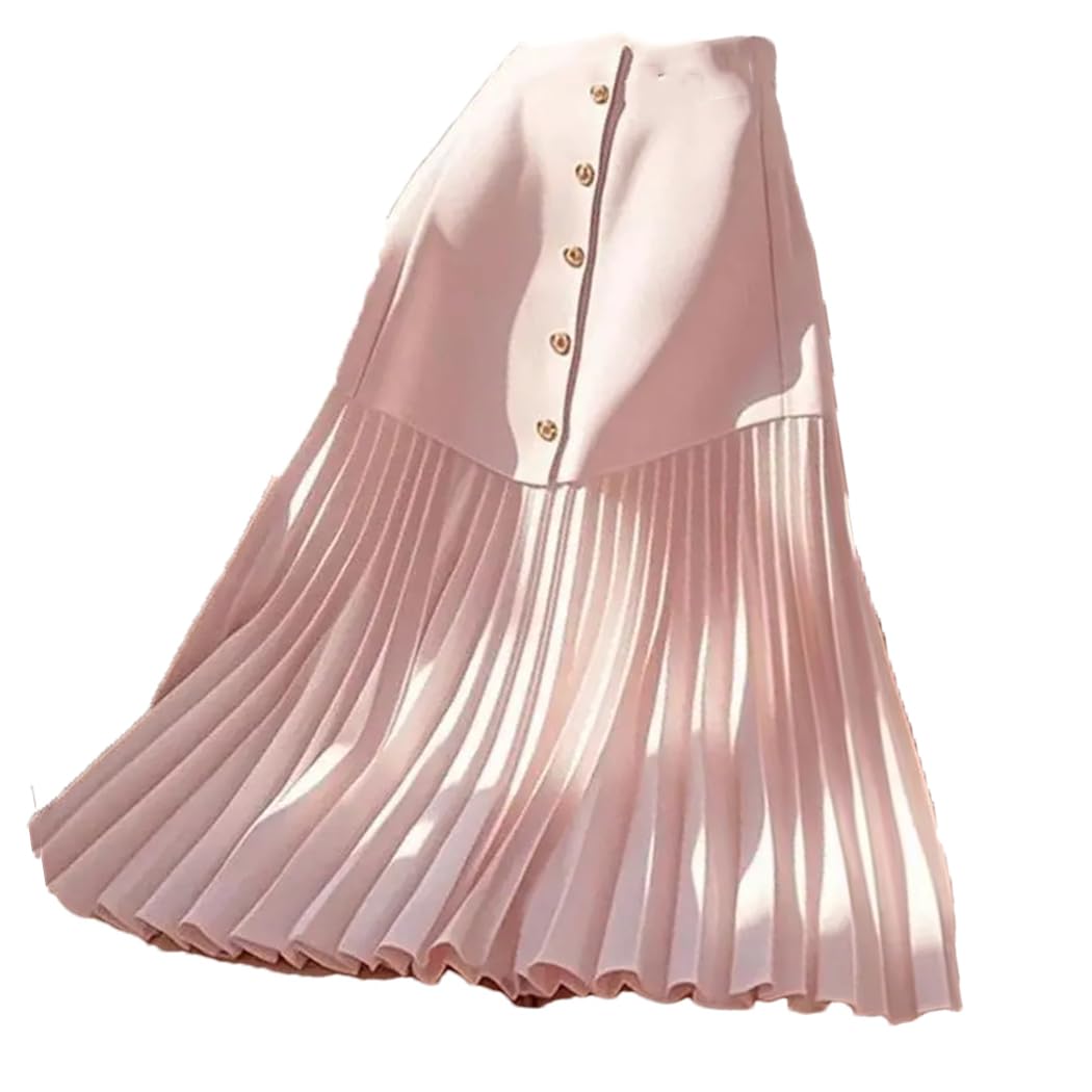 Womens Summer Elegant Patchwork Pleated Skirt High Waist A Line Single Breasted Office Midi Skirt
