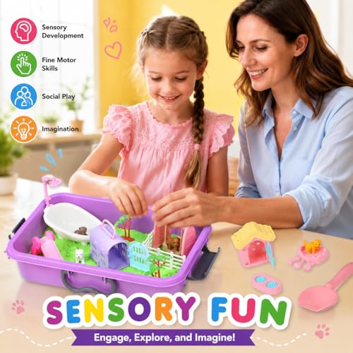Image of Carolart Pet Sensory bin,Dog and Cat Sandbox for Kids,Kids Play Sand Kit,Pet Play Set with Sensory Sand,Pet Care Play Set,Role Pretend Play Beach Toy Birthday Gift for Girls Boys 3 4 5 6 Years Old