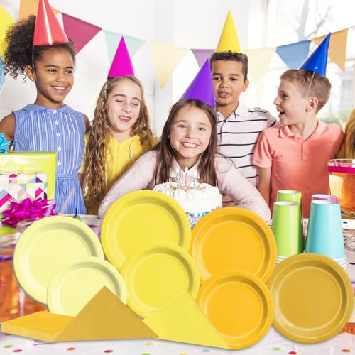 Image of CMUSKO Yellow Birthday Decorations - 60pcs Light Yellow Plates and Napkin Gradient Disposable Tableware for Birthday,Baby Shower,Wedding